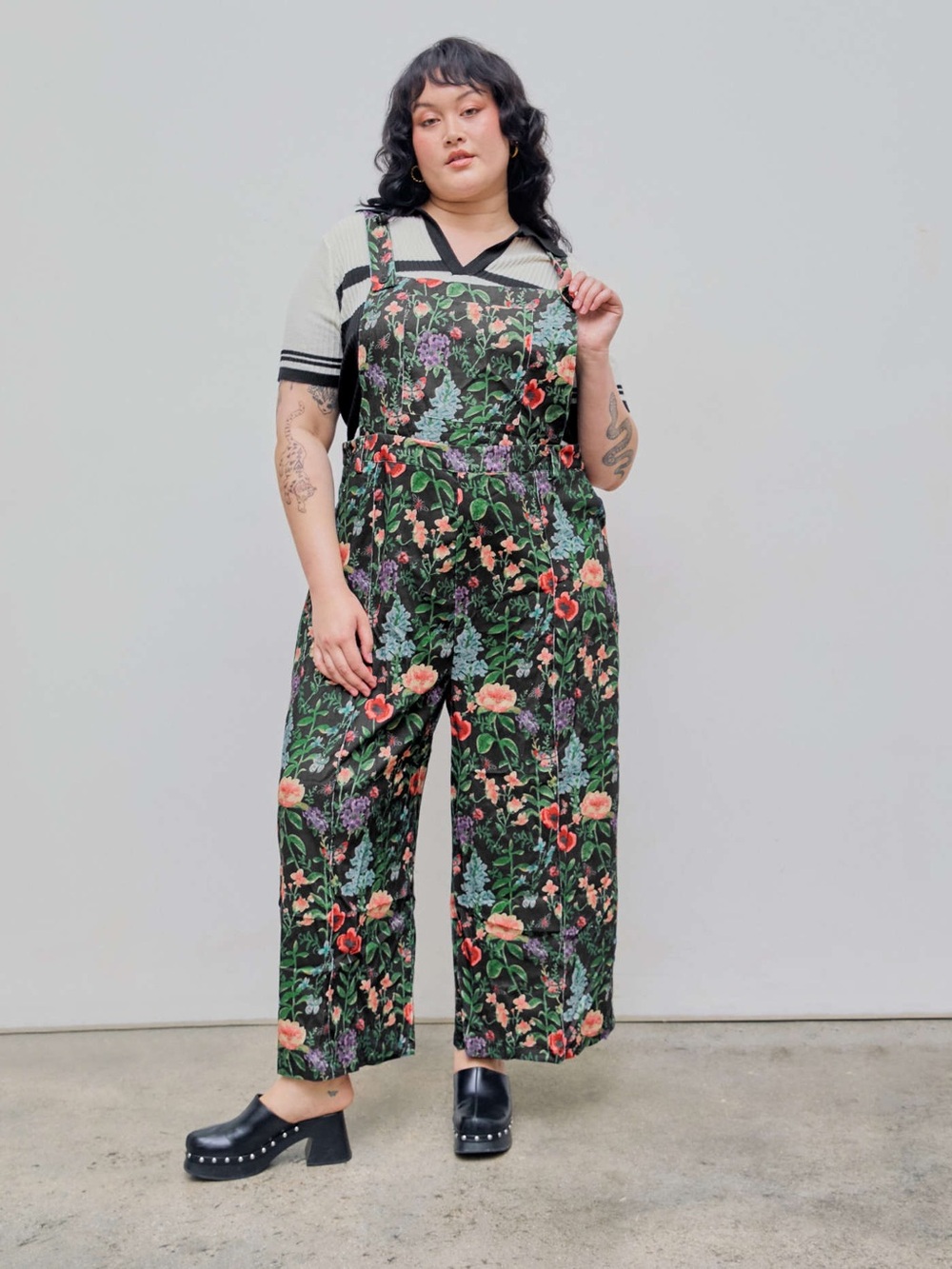 Cider Black Floral Wide-Leg Jumpsuit with Green & Pink Motif